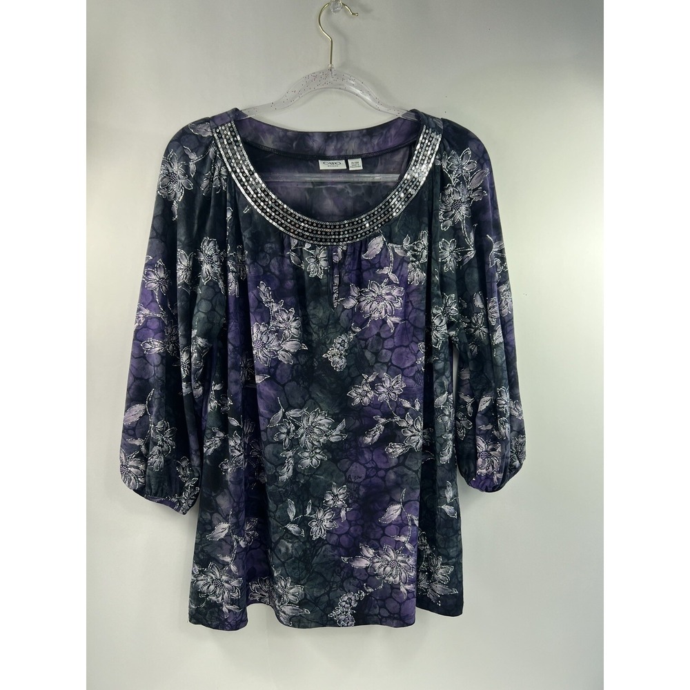 Cato Woman Blouse Women's Sz 14/16W Purple/Silver Floral Raglan 3/4 Sleeve